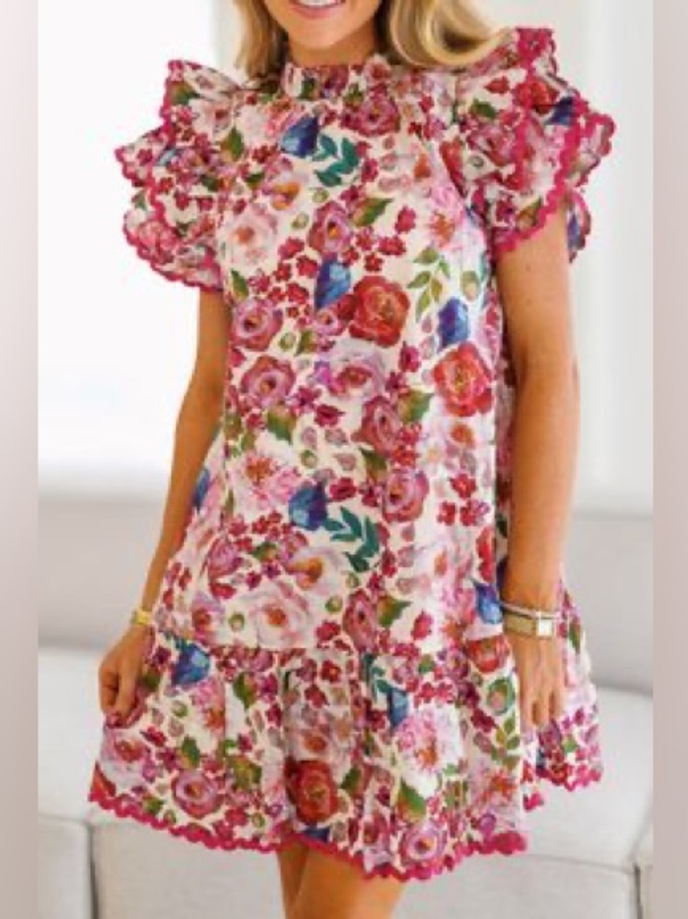 TCEC • Boutique Cotton Floral Ruffle Mini Dress • Statement Sleeves • Size L